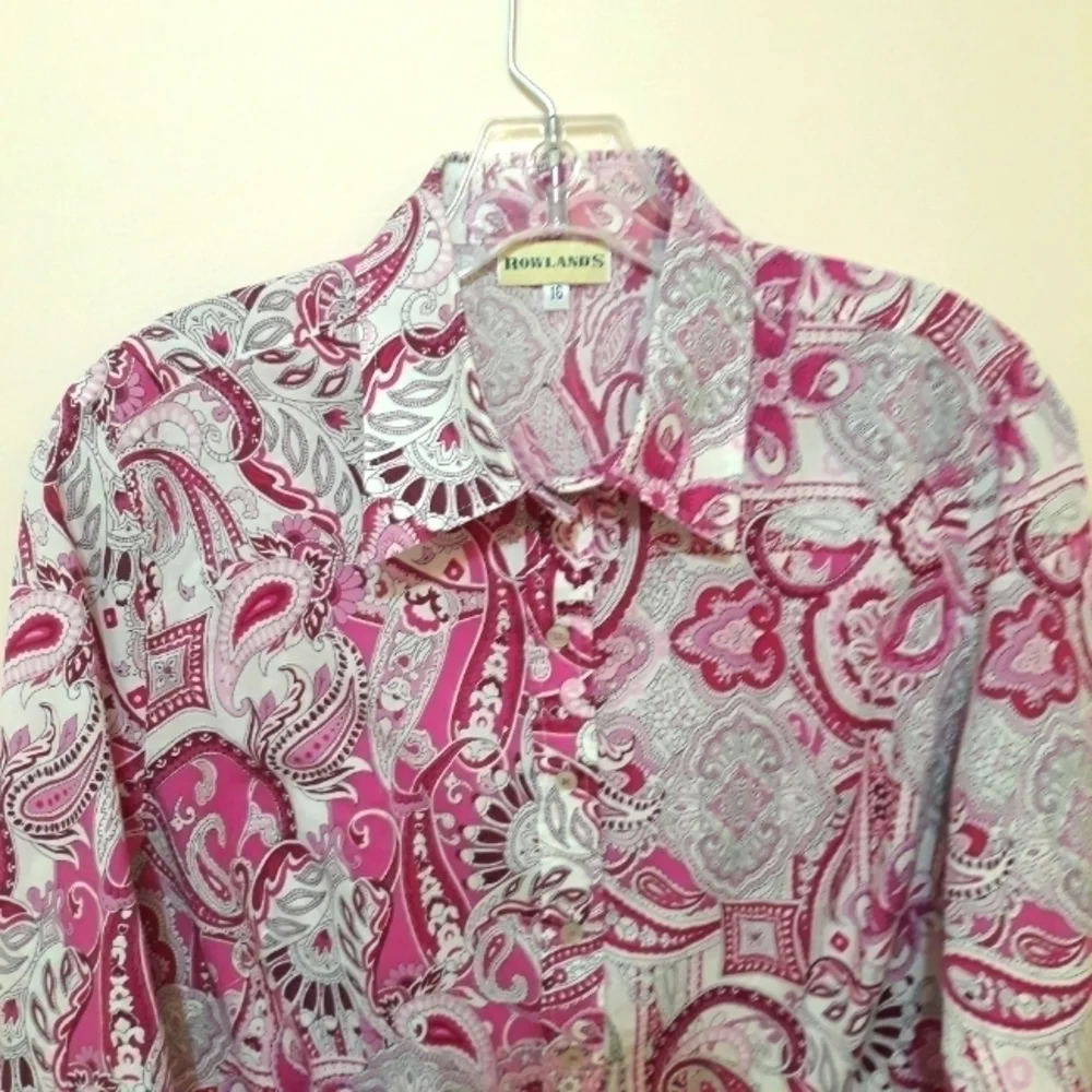 Rowland's Long-Sleeve button down paisley pink white shirt size 16